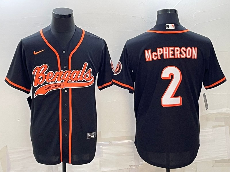 Men's Cincinnati Bengals #2 Evan McPherson Black With Patch Cool Base Stitched Baseball Jersey - Click Image to Close